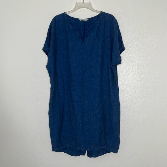 TATUUM 100% Linen Blue Short Sleeve V Neck Barrel Shape Dress EUR Size 42 US 10 - Picture 1 of 8